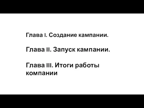 Глава I. Создание кампании. Глава II. Запуск кампании. Глава III. Итоги работы компании