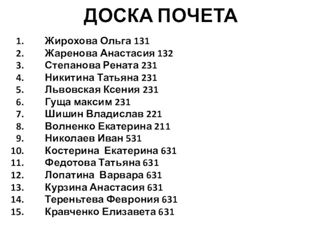 ДОСКА ПОЧЕТА Жирохова Ольга 131 Жаренова Анастасия 132 Степанова Рената 231