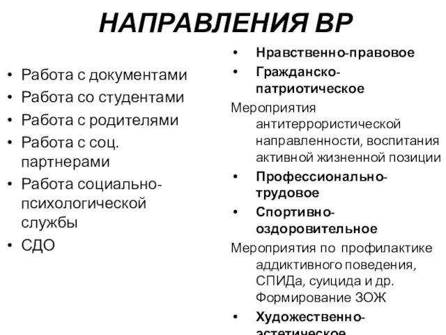 НАПРАВЛЕНИЯ ВР Работа с документами Работа со студентами Работа с родителями