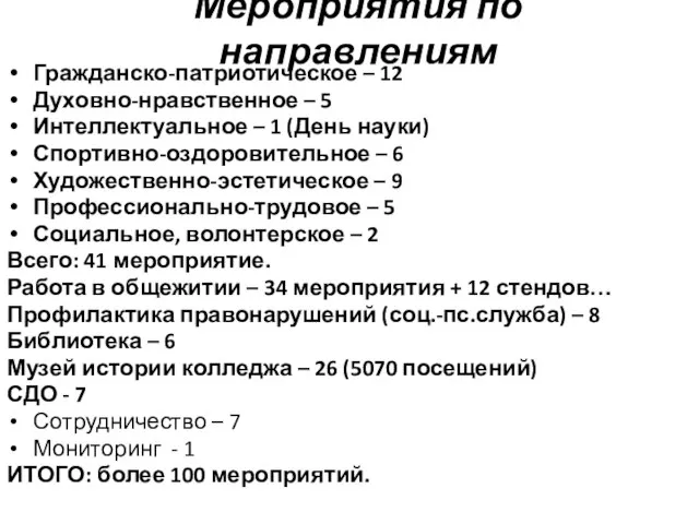 Мероприятия по направлениям Гражданско-патриотическое – 12 Духовно-нравственное – 5 Интеллектуальное –