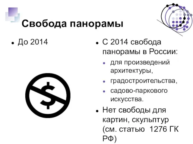 Свобода панорамы До 2014 C 2014 свобода панорамы в России: для