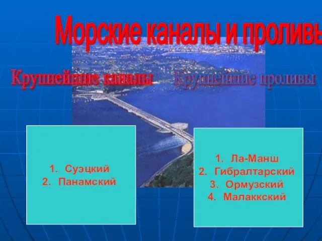 Морские каналы и проливы Крупнейшие каналы Крупнейшие проливы Ла-Манш Гибралтарский Ормузский Малаккский Суэцкий Панамский