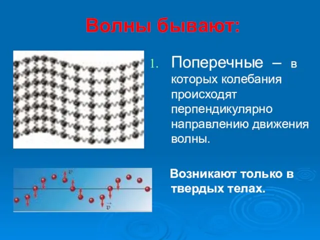 Волны бывают: Поперечные – в которых колебания происходят перпендикулярно направлению движения