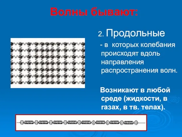 Волны бывают: 2. Продольные - в которых колебания происходят вдоль направления