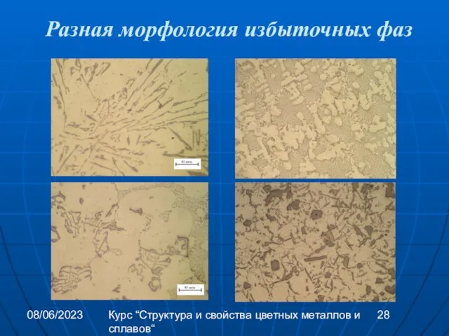 08/06/2023 Курс “Структура и свойства цветных металлов и сплавов“ Разная морфология избыточных фаз