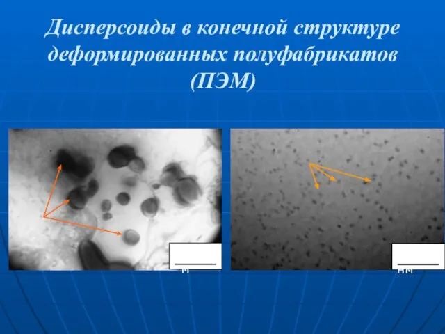 Дисперсоиды в конечной структуре деформированных полуфабрикатов (ПЭМ) 1мкм 200 нм