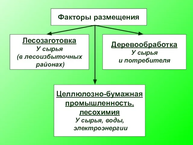 Факторы размещения Лесозаготовка У сырья (в лесоизбыточных районах) Деревообработка У сырья