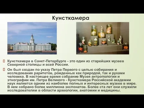 Кунсткамера Кунсткамера в Санкт-Петербурге - это один из старейших музеев Северной