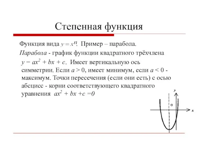 Степенная функция Функция вида . Пример – парабола. Парабола - график