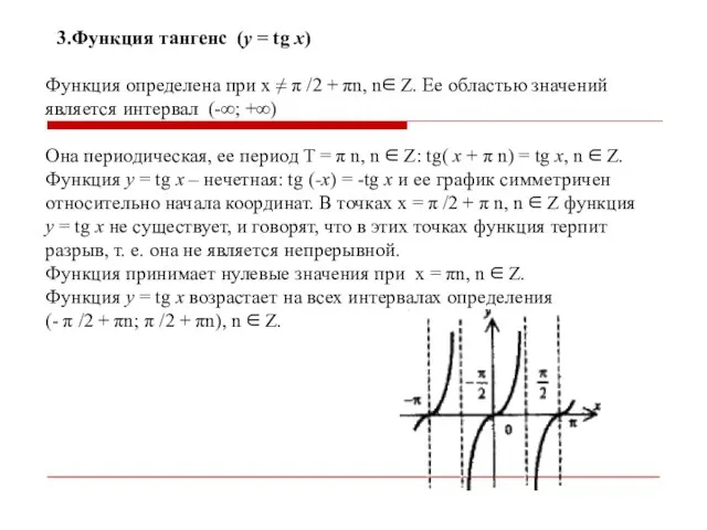 3.Функция тангенс (y = tg x) Функция определена при x ≠