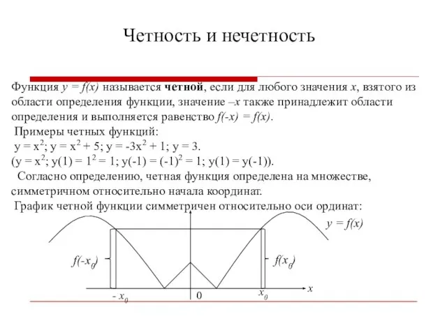 Четность и нечетность Функция y = f(x) называется четной, если для