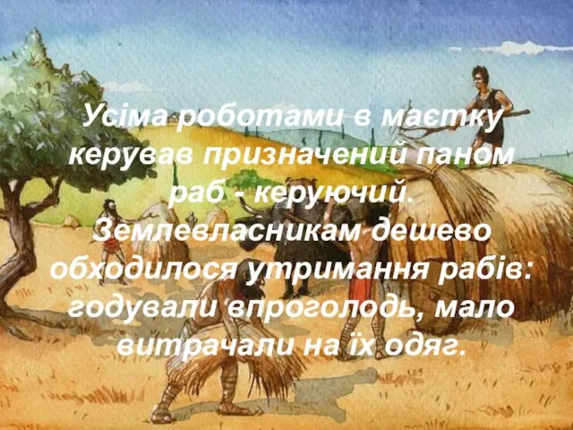 Усіма роботами в маєтку керував призначений паном раб - керуючий. Землевласникам