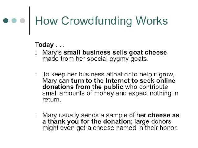 How Crowdfunding Works Today . . . Mary’s small business sells