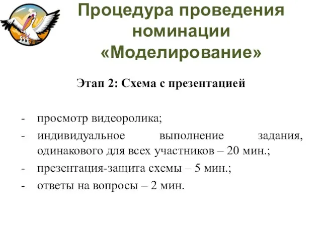 Процедура проведения номинации «Моделирование» Этап 2: Схема с презентацией просмотр видеоролика;