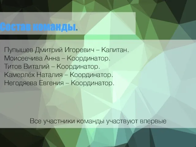 Состав команды. Пупышев Дмитрий Игоревич – Капитан. Моисеечива Анна – Координатор.