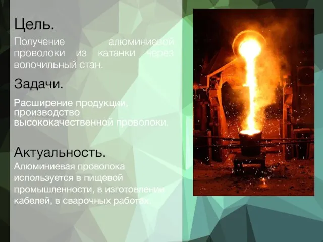 Цель. Задачи. Расширение продукции, производство высококачественной проволоки. Получение алюминиевой проволоки из