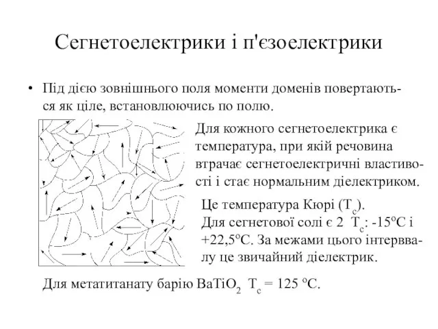 Сегнетоелектрики і п'єзоелектрики Під дією зовнішнього поля моменти доменів повертають-ся як