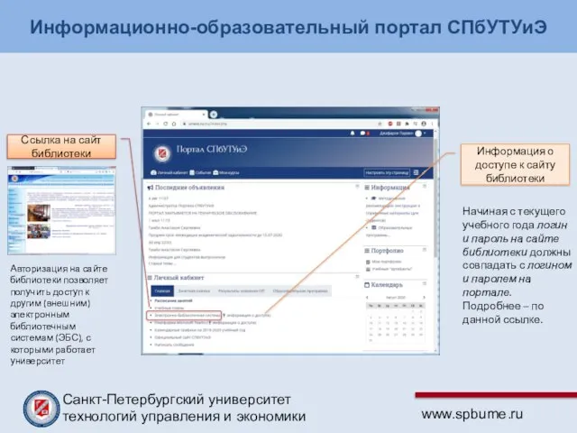 Информационно-образовательный портал СПбУТУиЭ Ссылка на сайт библиотеки Авторизация на сайте библиотеки