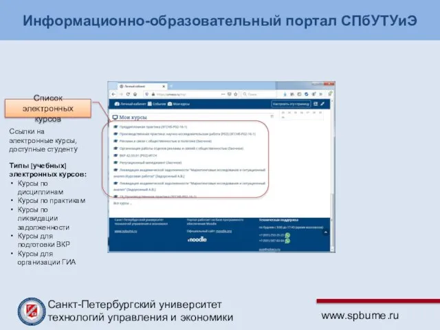 Информационно-образовательный портал СПбУТУиЭ Список электронных курсов Ссылки на электронные курсы, доступные