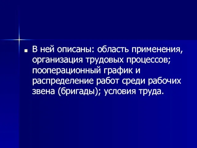 В ней описаны: область применения, организация трудовых процессов; пооперационный график и