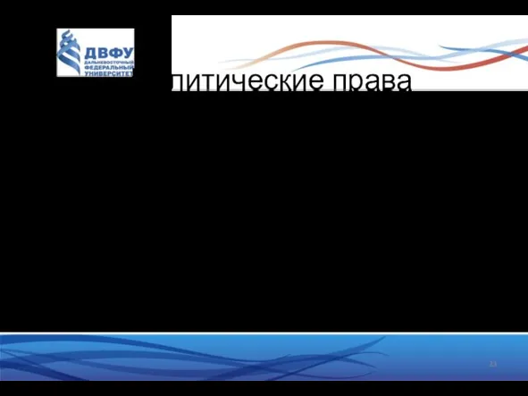 Политические права Избирательное (активное и пассивное) Право участвовать в управлении гос-ом