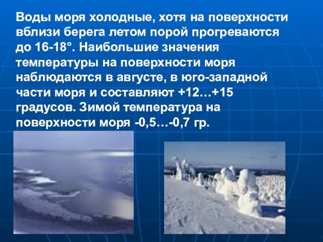 Воды моря холодные, хотя на поверхности вблизи берега летом порой прогреваются