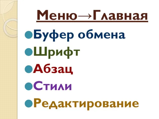 Меню→Главная Буфер обмена Шрифт Абзац Стили Редактирование