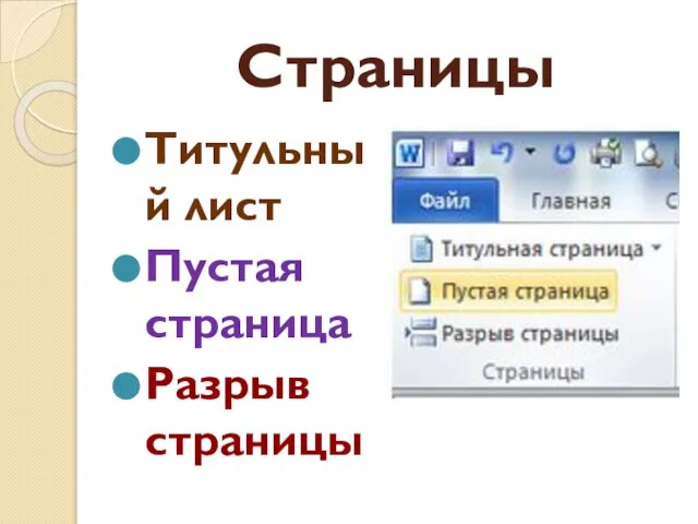 Страницы Титульный лист Пустая страница Разрыв страницы