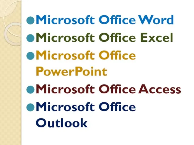 Microsoft Office Word Microsoft Office Excel Microsoft Office PowerPoint Microsoft Office Access Microsoft Office Outlook