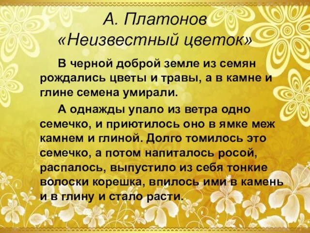 А. Платонов «Неизвестный цветок» В черной доброй земле из семян рождались