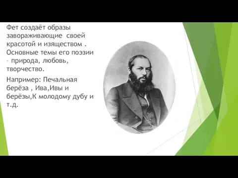 Фет создаёт образы завораживающие своей красотой и изяществом . Основные темы