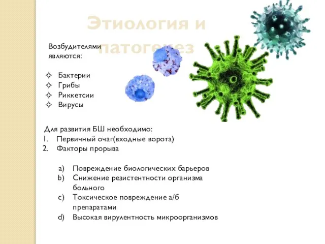 Этиология и патогенез Возбудителями являются: Бактерии Грибы Риккетсии Вирусы Для развития