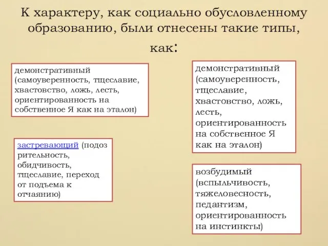 К характеру, как социально обусловленному образованию, были отнесены такие типы, как: