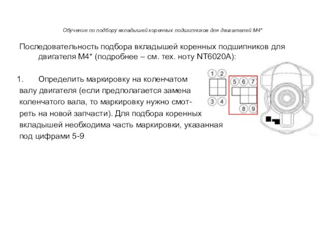 Обучение по подбору вкладышей коренных подшипников для двигателей M4* Последовательность подбора