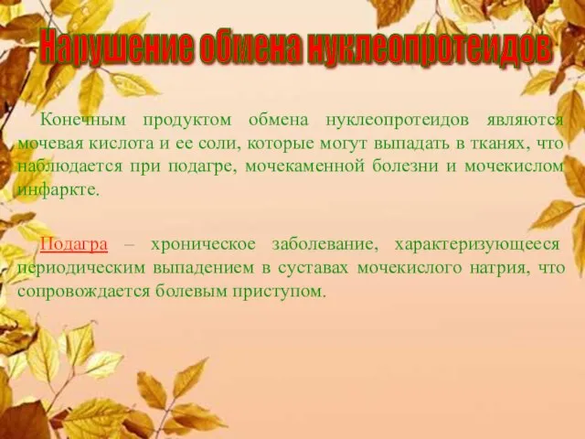 Конечным продуктом обмена нуклеопротеидов являются мочевая кислота и ее соли, которые