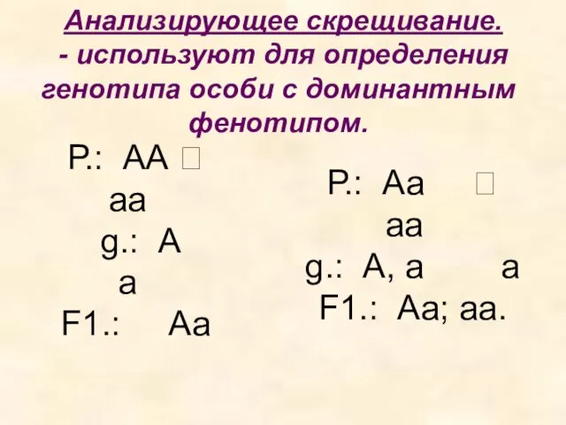 Анализирующее скрещивание. - используют для определения генотипа особи с доминантным фенотипом.