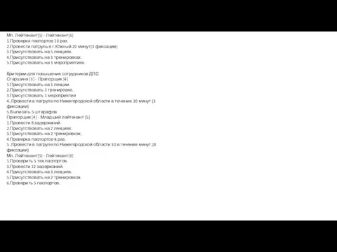 Мл. Лейтенант[5] - Лейтенант[6] 1.Проверка паспортов 10 раз. 2.Провести патруль в