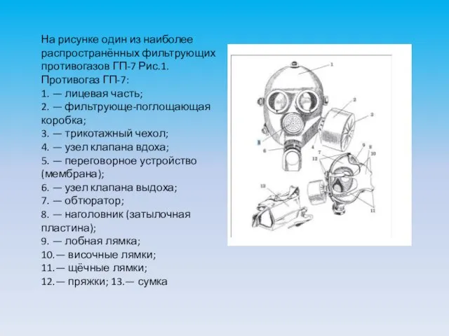 На рисунке один из наиболее распространённых фильтрующих противогазов ГП-7 Рис.1. Противогаз