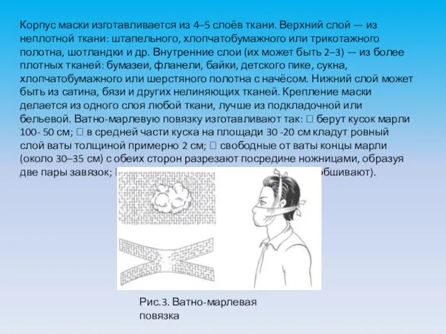 Корпус маски изготавливается из 4–5 слоёв ткани. Верхний слой — из