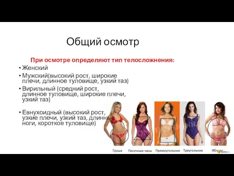 Общий осмотр При осмотре определяют тип телосложнения: Женский Мужский(высокий рост, широкие