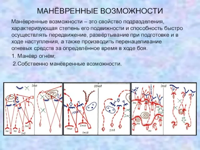 МАНЁВРЕННЫЕ ВОЗМОЖНОСТИ Манёвренные возможности – это свойство подразделения, характеризующая степень его