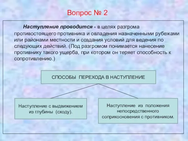 Вопрос № 2 Наступление проводится - в целях разгрома противостоящего противника