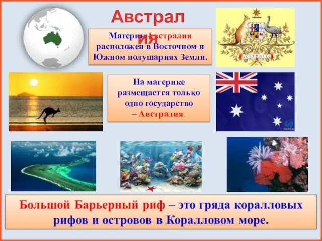 Материк Австралия расположен в Восточном и Южном полушариях Земли. Австралия На