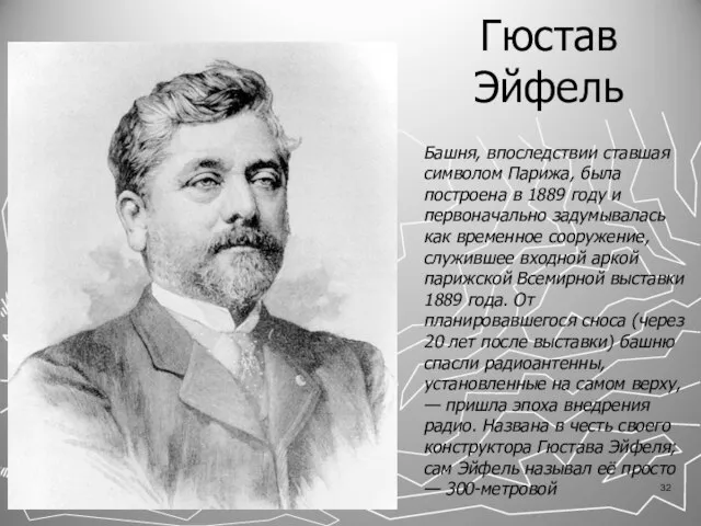 Гюстав Эйфель Башня, впоследствии ставшая символом Парижа, была построена в 1889