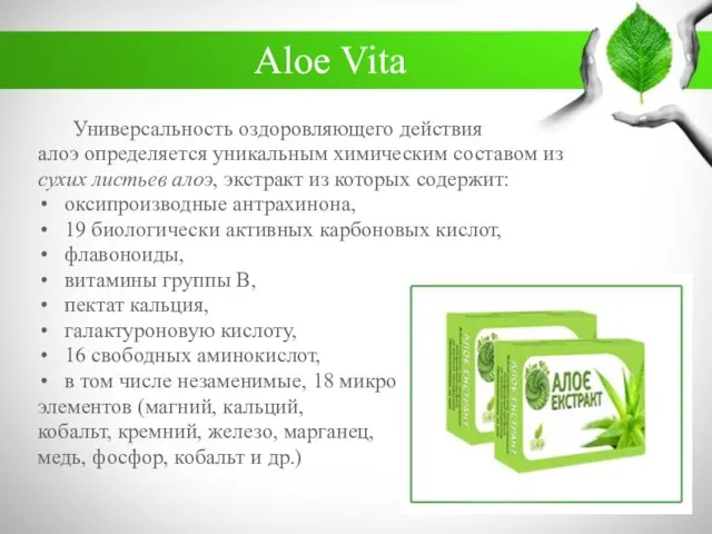 Aloe Vita Универсальность оздоровляющего действия алоэ определяется уникальным химическим составом из