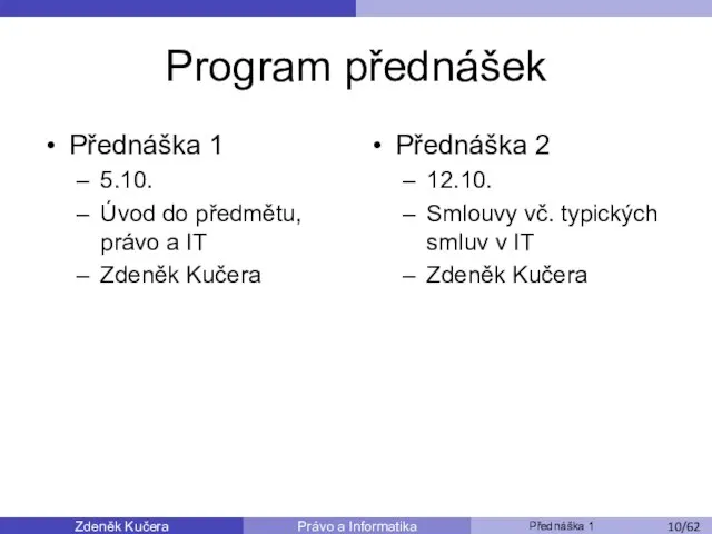 Zdeněk Kučera Přednáška 1 Právo a Informatika /11 Program přednášek Přednáška