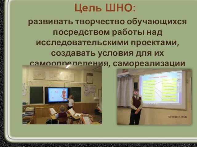 Цель ШНО: развивать творчество обучающихся посредством работы над исследовательскими проектами, создавать условия для их самоопределения, самореализации