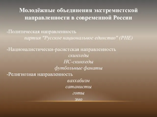 Молодёжные объединения экстремистской направленности в современной России Политическая направленность партия "Русское