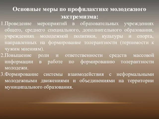 Основные меры по профилактике молодежного экстремизма: Проведение мероприятий в образовательных учреждениях