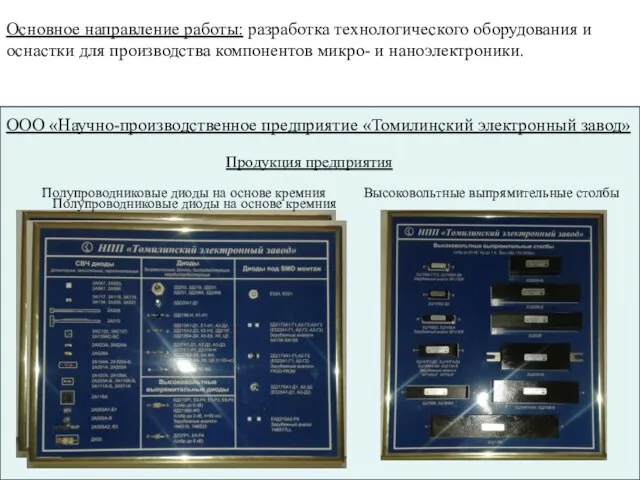 ООО «Научно-производственное предприятие «Томилинский электронный завод» Основное направление работы: разработка технологического